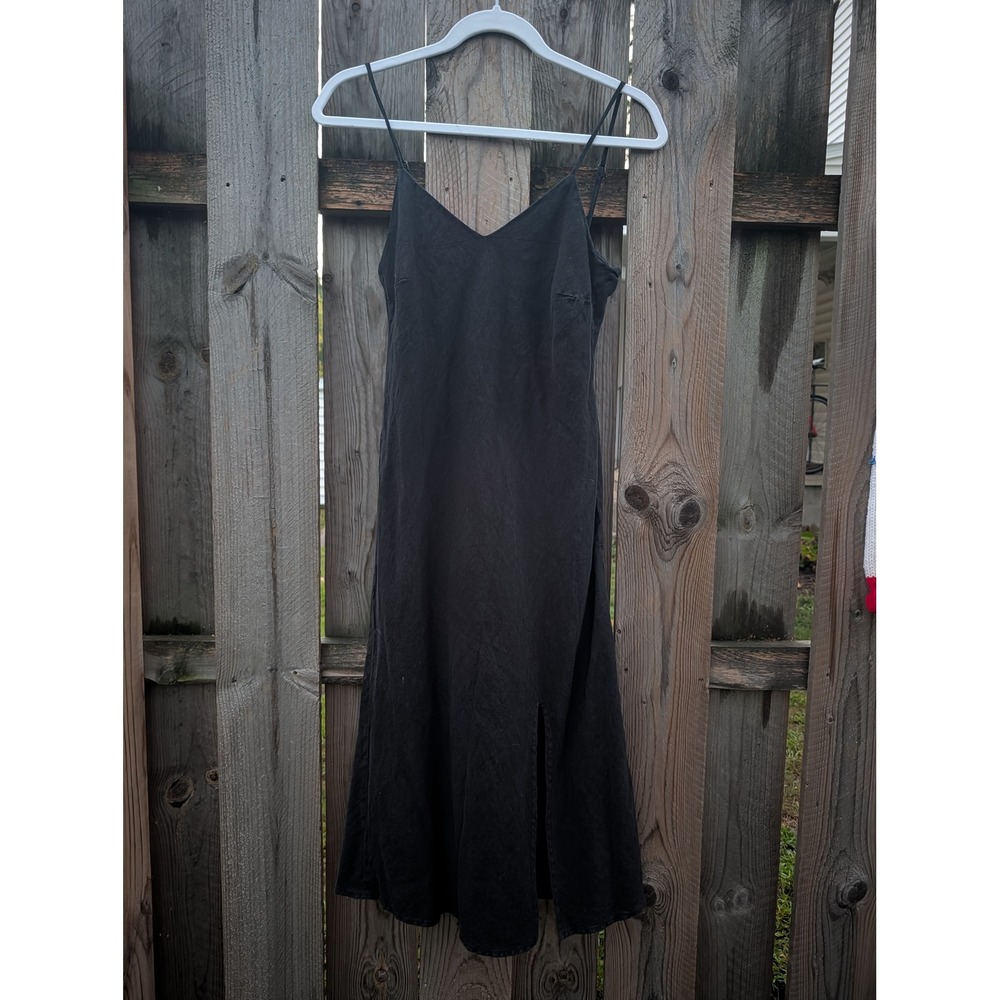 Womens MATE the Label Black Linen Midi Slip Dress XS Excellent V-Neck Slit
